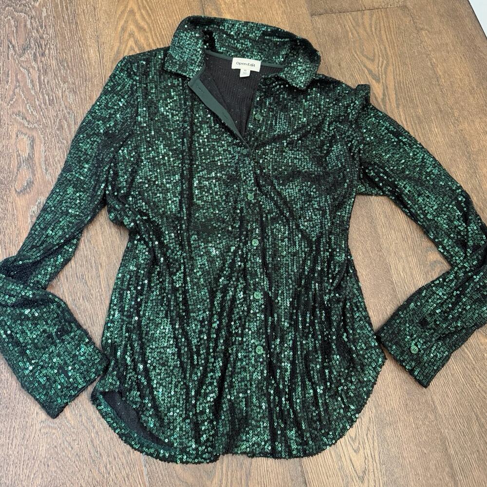 Open Edit Nordstrom Green Holiday Sequined Blouse Button Down Shirt Sz XS